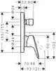 Hansgrohe Unterputz-Wannenmischer mit einem seitlichen Hebel und verschiedenen Maßlinien, dargestellt in einem schematischen technischen Zeichnungsformat.